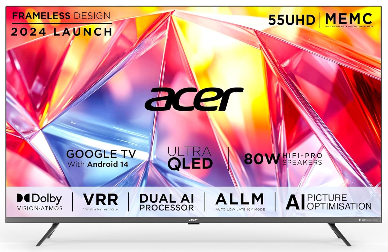 Acer Super Series 139 cm (55 inch) QLED Ultra HD (4K) Smart Google TV Android 14 (Black) | MEMC | ALLM | VRR | AI Picture Optimisation | 80W PRO Speakers | GIGA Bass | Dolby Vision-Atmos