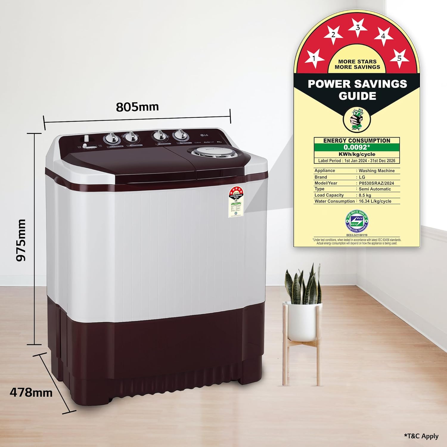LG 8.5 kg 5 Star with Roller Jet Pulsator with Soak, Wind Jet Dry and Collar Scrubber Semi Automatic Top Load Washing Machine Maroon, White