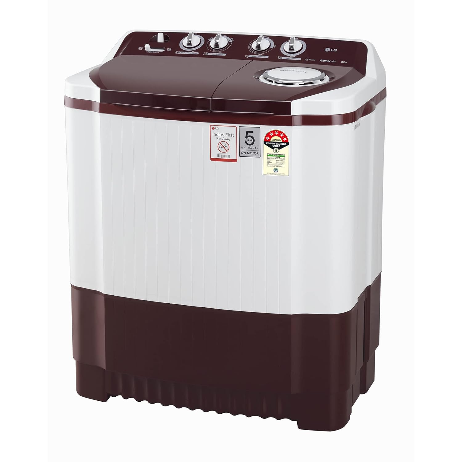 LG 10 kg 5 Star with Roller Jet Pulsator with Soak, Wind Jet Dry and Rat Away, 6.5 Kg (Spin Tub Capacity) Semi Automatic Top Load Washing Machine Maroon, White