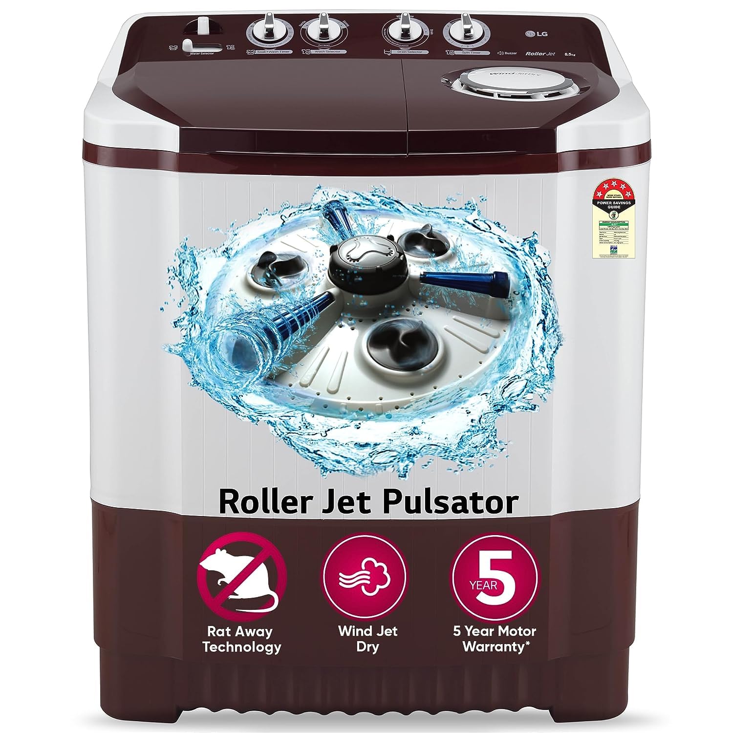 LG 10 kg 5 Star with Roller Jet Pulsator with Soak, Wind Jet Dry and Rat Away, 6.5 Kg (Spin Tub Capacity) Semi Automatic Top Load Washing Machine Maroon, White